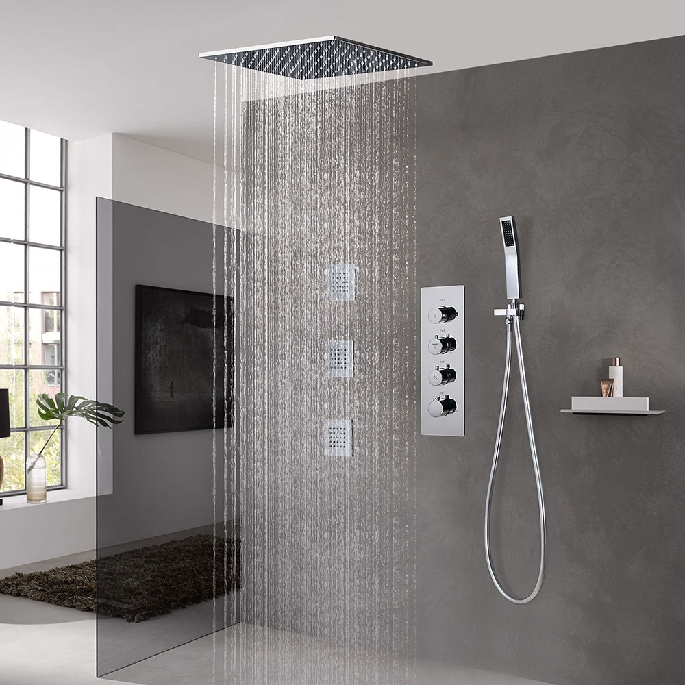 Modern Style 20" Polished Chrome Square Rain Shower System with Handheld Shower & 3 Body Sprays Solid Brass window image