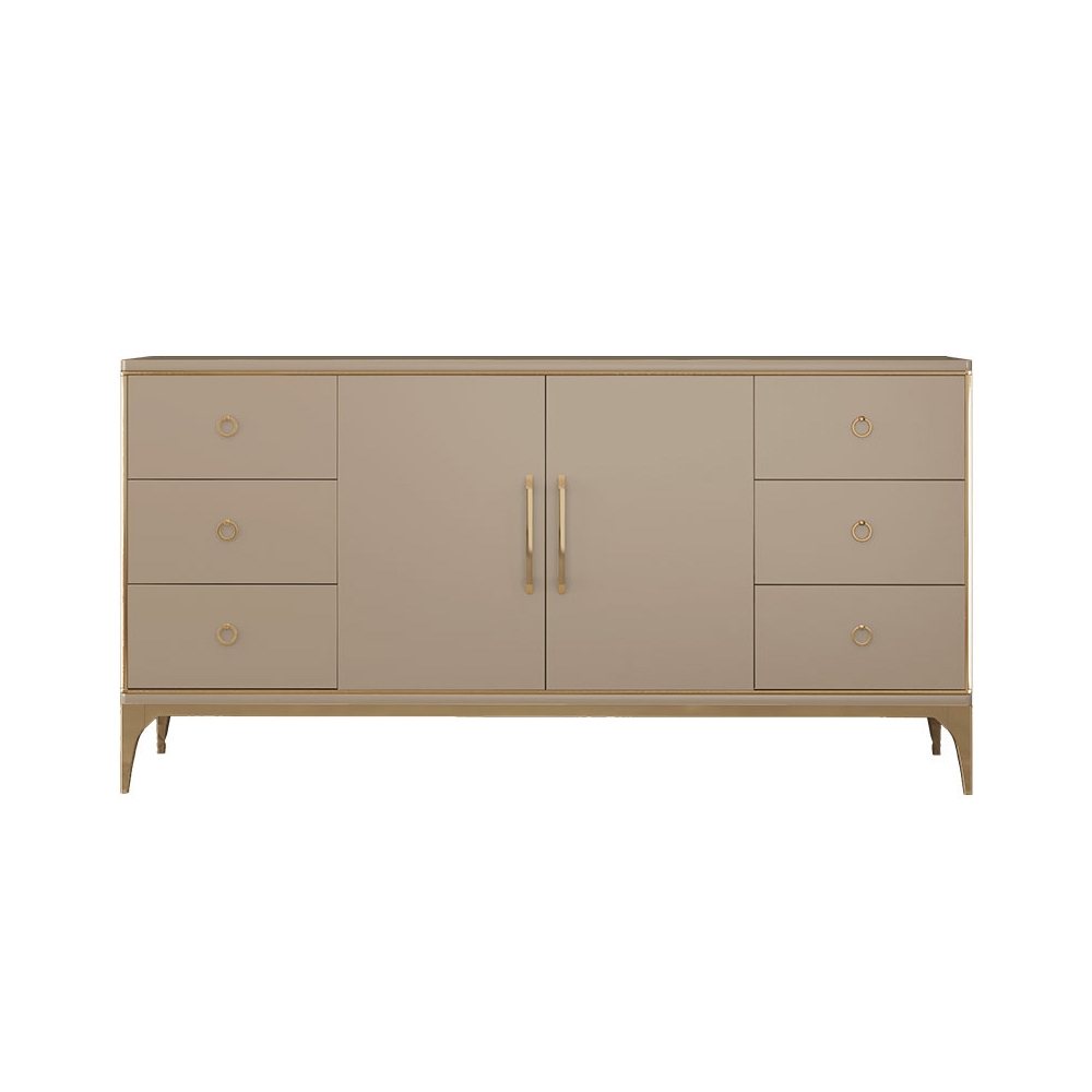 63" Modern Champagne Sideboard Buffet 2-Doors & 6-Drawer Kitchen Cabinet window image
