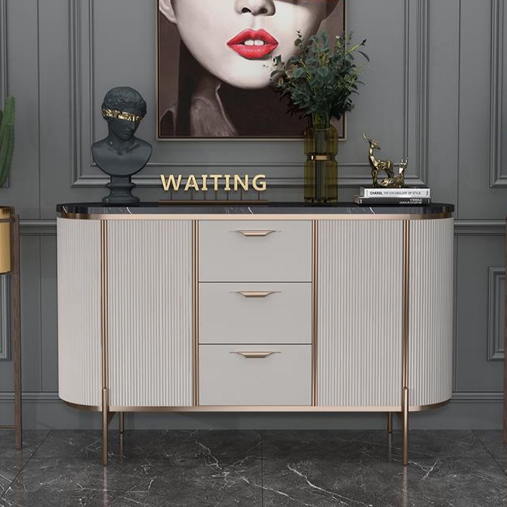 55" Modern Sideboard Buffet Black Faux Marble Top with Doors & Drawers Gold Finish window image