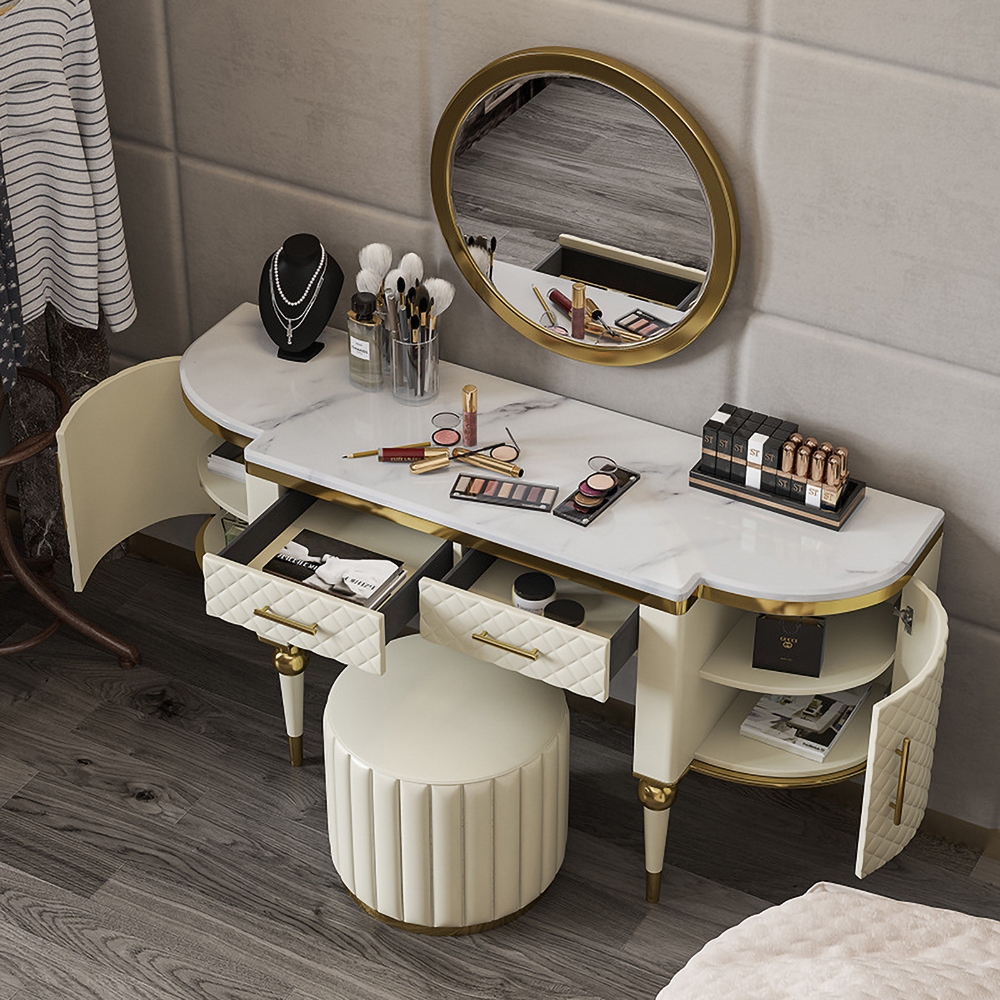 Postmodernism White Makeup Vanity Faux Marble Top Upholstered Dressing Table with Storage Stool Included window image