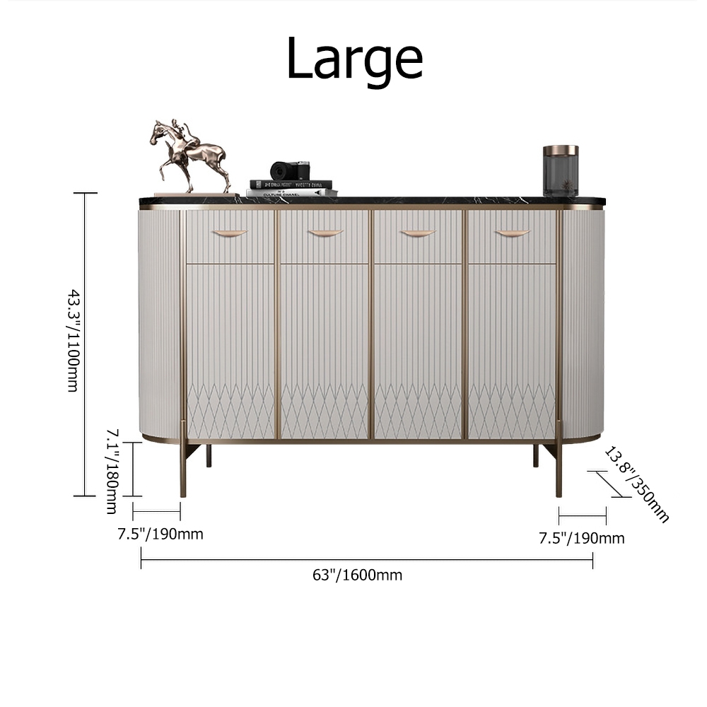Buffet moderne de 1400 mm avec portes supérieures en faux marbre noir, tiroirs et étagères de taille moyenne image de fenêtre