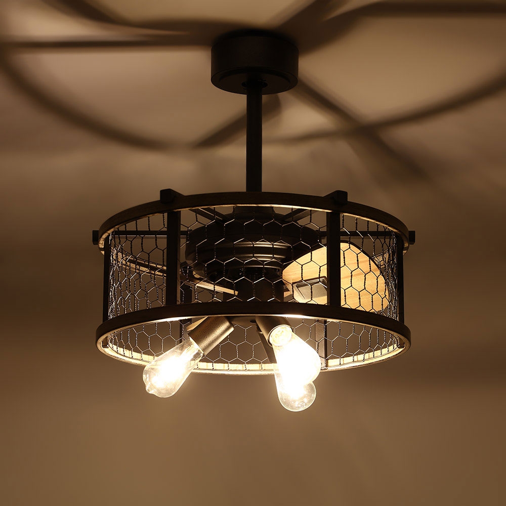 Farmhouse Rustic Reversible Ceiling Fan with Lights 3-Blade Wire Drum Semi Flush Mount Ceiling Fan with Remote window image