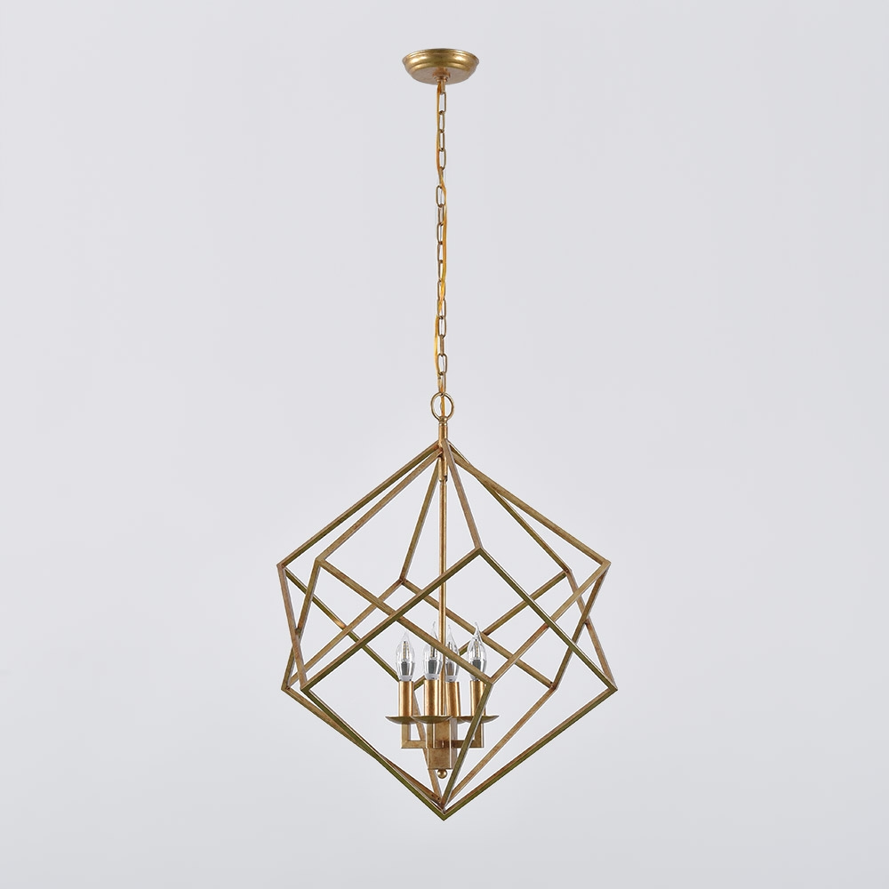 Modern Mid-Century Square Geometric Candle Chandelier 4-Light Antique Gold window image