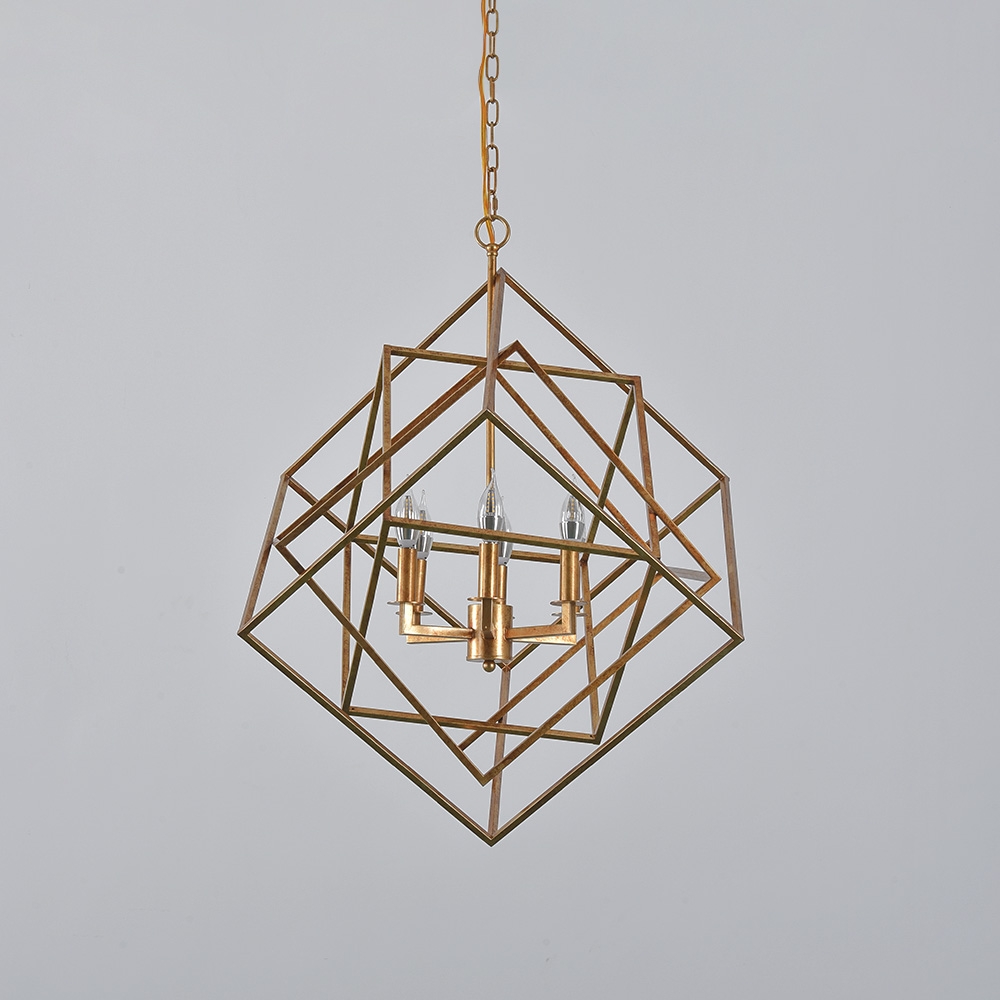Modern Mid-Century Square Geometric Candle Chandelier 6-Light Antique Gold Ceiling Light window image