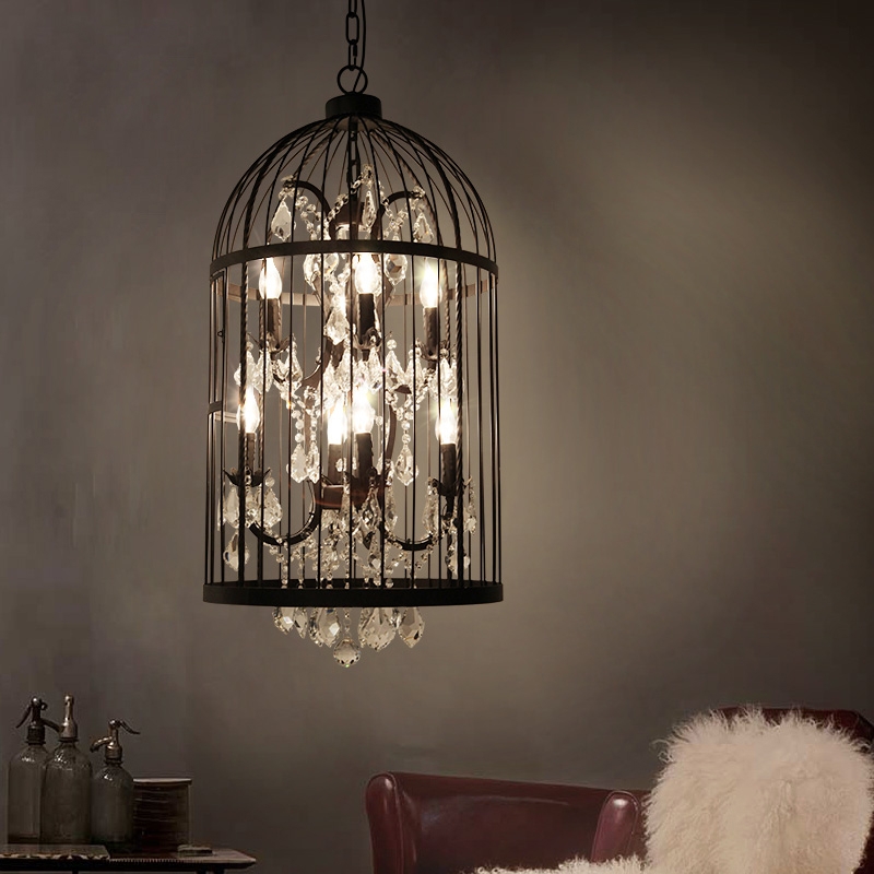 Industrial Retro 8-Light Black Clear Crystal & Metal Scroll Birdcage Lantern Chandelier 2-Tier Candle Light window image