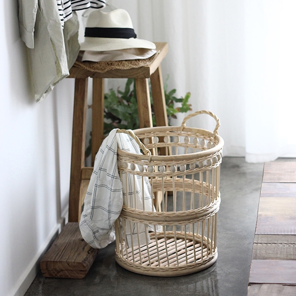 French Country Style Wood Bead Hollow Out Weave Rattan Storage Basket with Double Handles Cylindric Laundry Hamper in Beige window image