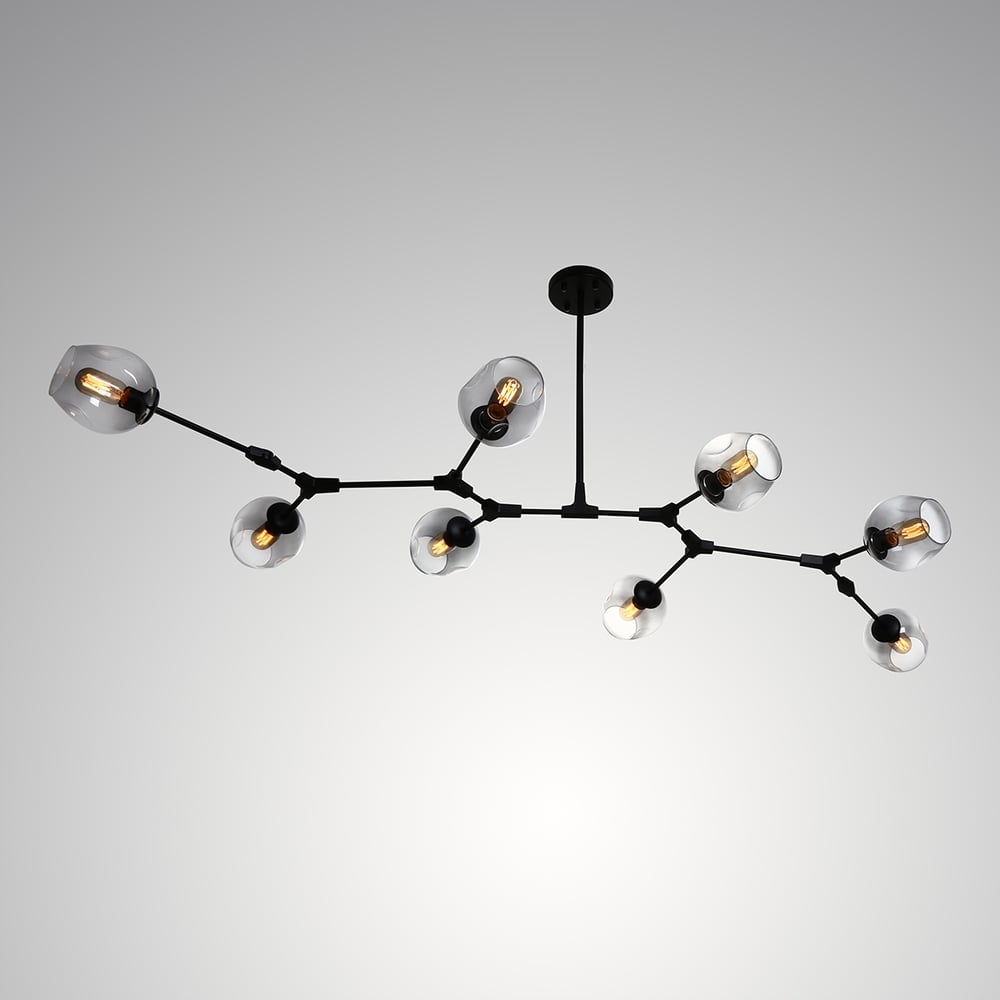 Modern Minimalist Tree Branch Smoky Grey Glass Globe Shade Adjustable Large 8-Light Pendant Light Metal in Black window image