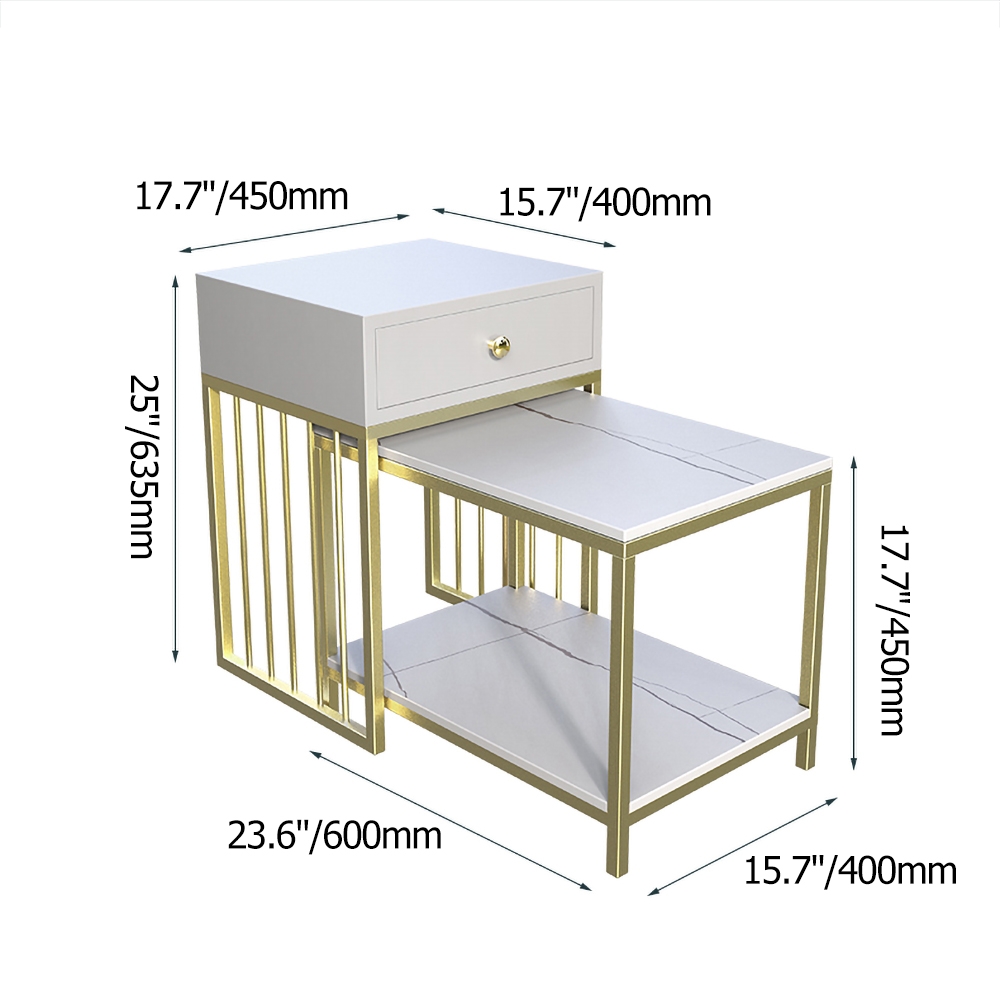 Modern Side Table Nesting End Table with Shelf & Drawer in Gold & White Sintered Stone window image