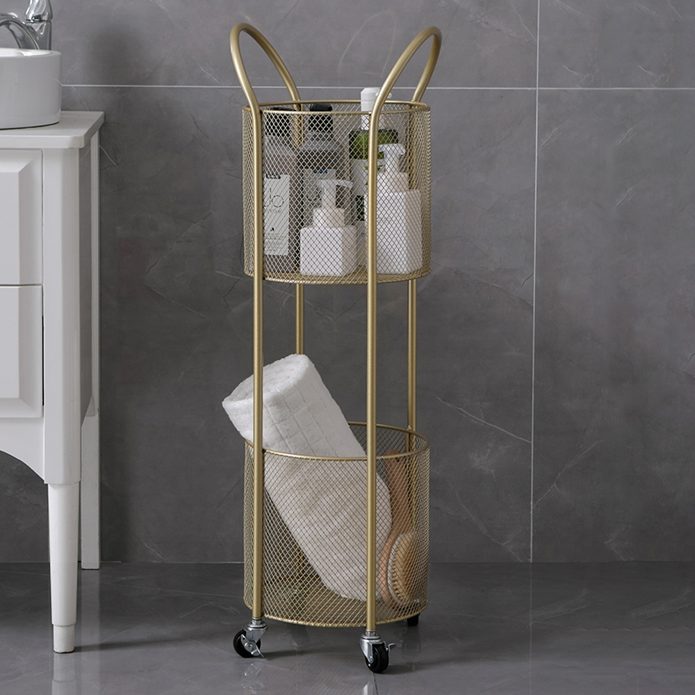 Gold Modern Metal Shelving for Bathroom Storage with 2-Tier Shelf and 4 Wheel window image