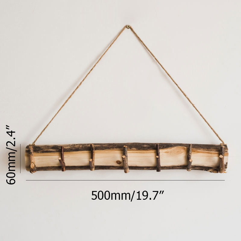 Rustic Style Wall Mounted Decorative Natural Wood Coat Rack with 7 Twig Hooks & Hanging Hemp Rope window image