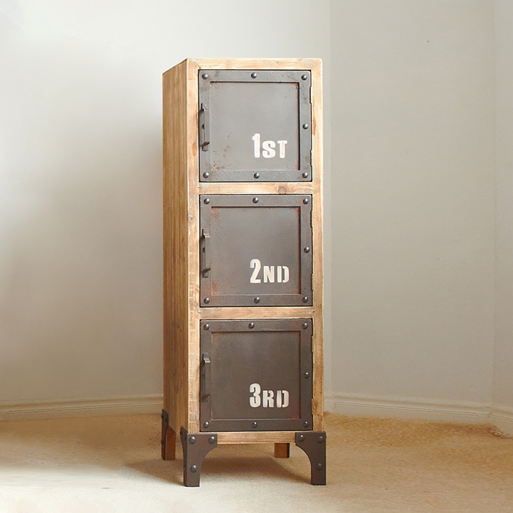 Farmhouse Tall Storage Cabinet with 3-Door Pine Wood Distressed Metal window image