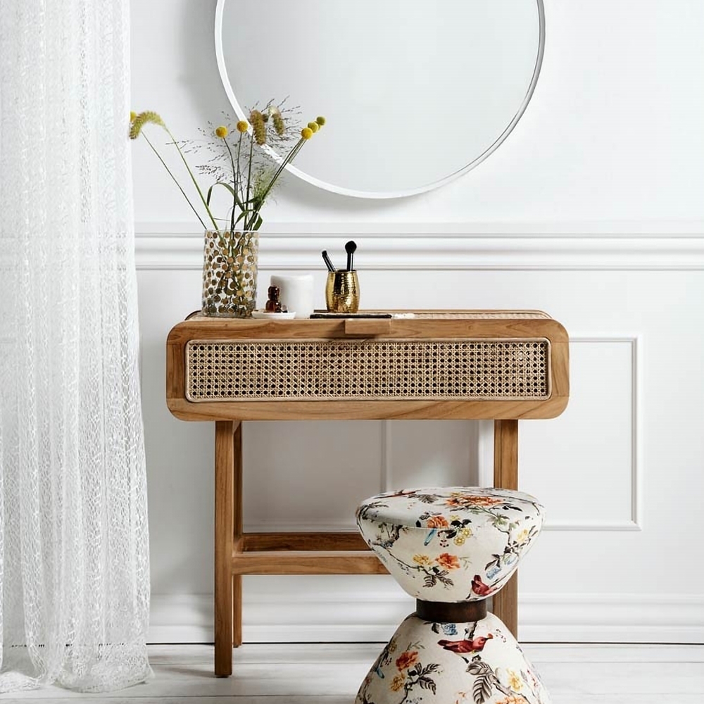 Rustic End Table with Storage Side Table Ash Wood & Rattan window image