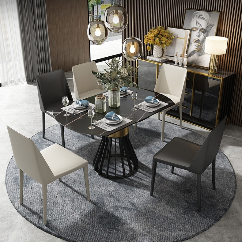 Modern Black Round Leaf Extendable Dining Table Sintered Stone Top Pedestal Base window image