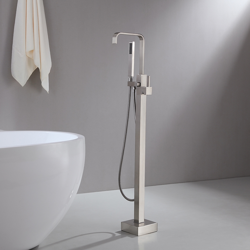 Dree Brushed Nickel Floor Mount Modern Tub Filler Faucet & Hand Shower Single Handle Solid Brass window image