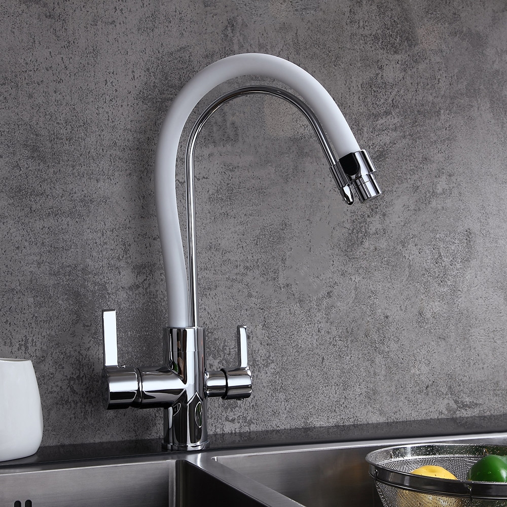 Modern Dual White Pull-Down Spray Filter Water Tap Monobloc Kitchen Tap Double Lever Handles in Chrome Finish window image