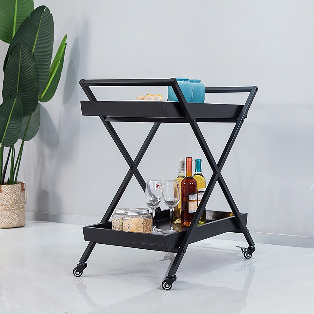 23.6" 2-Tier Rolling Serving Bar Cart with Handle X Frame Black Metal window image