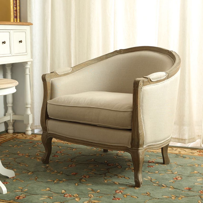 French Rustic Barrel Chair Linen Upholstered Oak Accent Chair Beige and Natural window image
