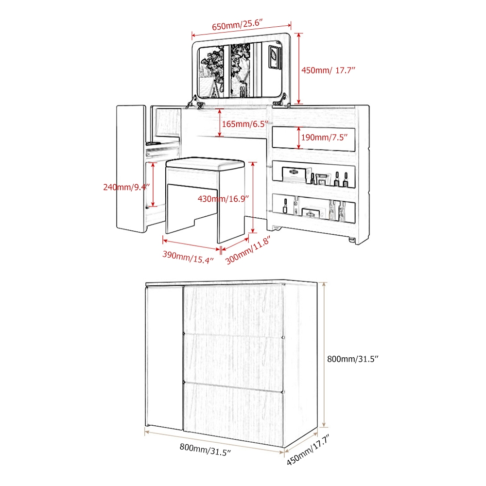 Modern Expandable Vanity Table Multifunctional Vanity Set with Stool And Flip-Top Mirror White & Green window image