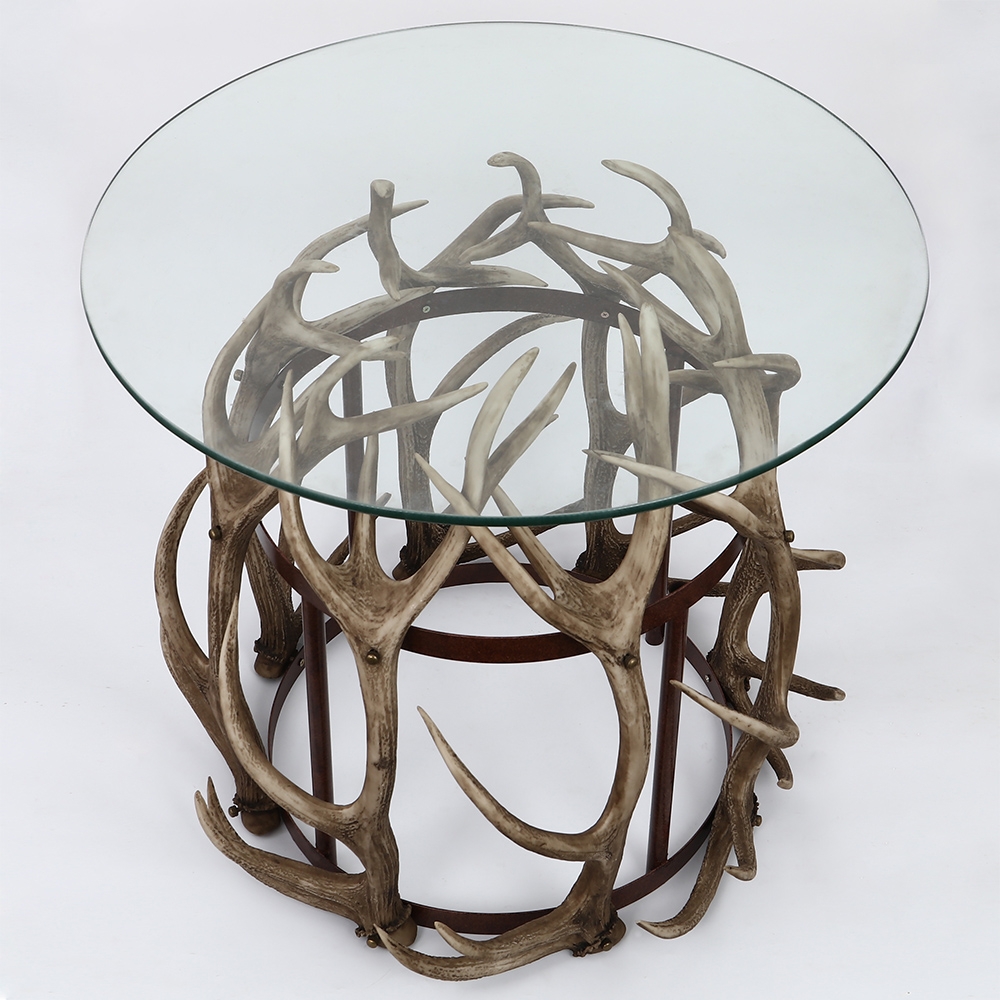 Rustic 24" Glass Side Table Round Antler Table Decorative Antler Drum Base Accent Table window image