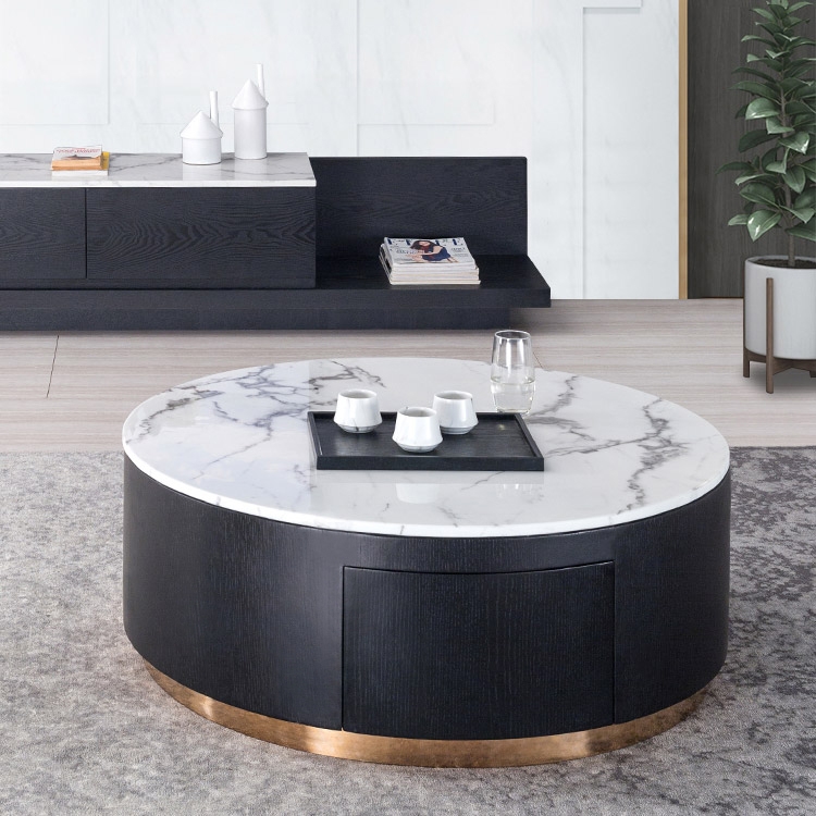 Modern Round White and Black Storage Coffee Table with Drawer & Faux Marble Top Stainless Steel Base window image