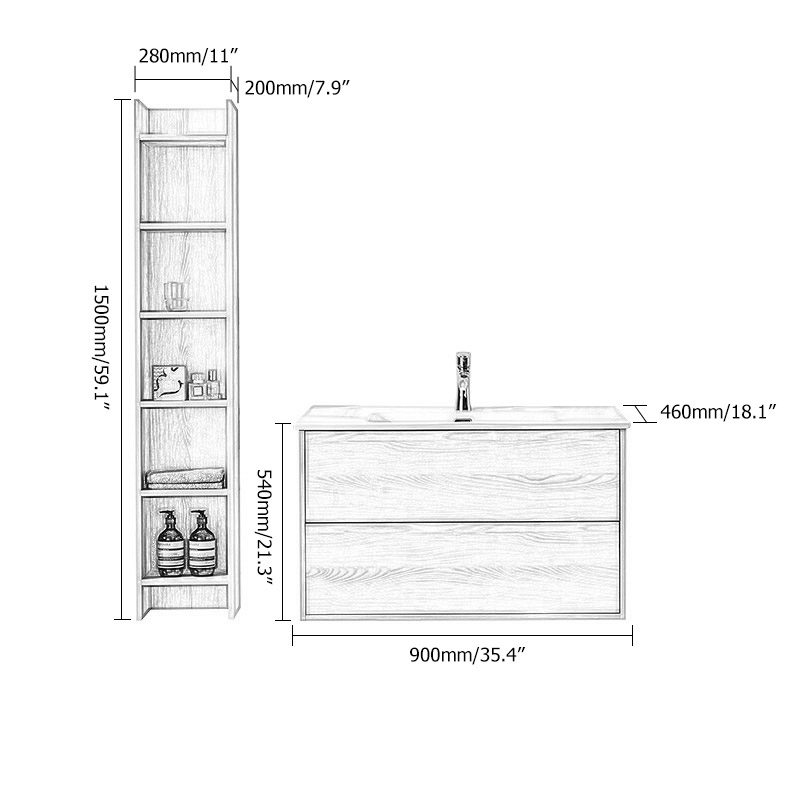 Floating Wall-mounted Single Bathroom Vanity  with Drawers & Side Cabinet in Natural weights dimensions image