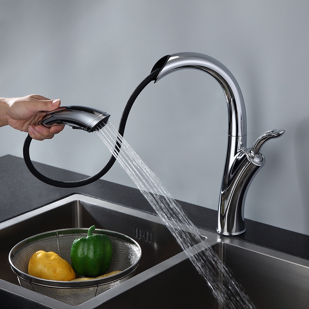 Mono Robinet de Cuisine Poignée Unique à Tirer vers Le Bas Robinet à Arc Élevé Chrome cUPC Certifié image de fenêtre