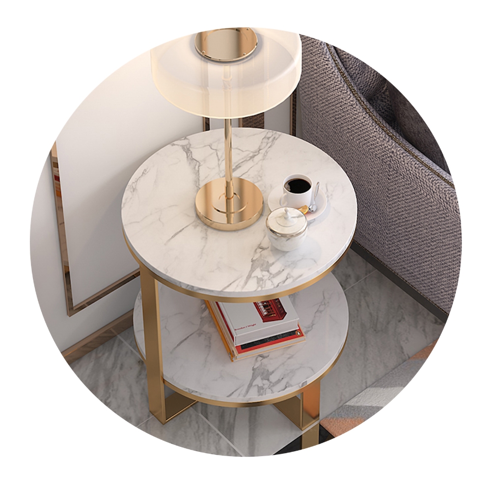 2-Tiered White Round End Table with Shelf Metal Frame window image