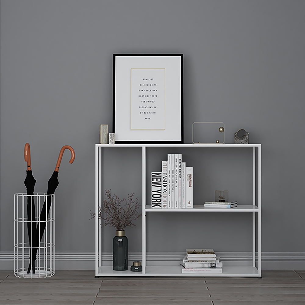 Console rectangulaire rectangulaire avec étagères en métal industriel blanc image de fenêtre