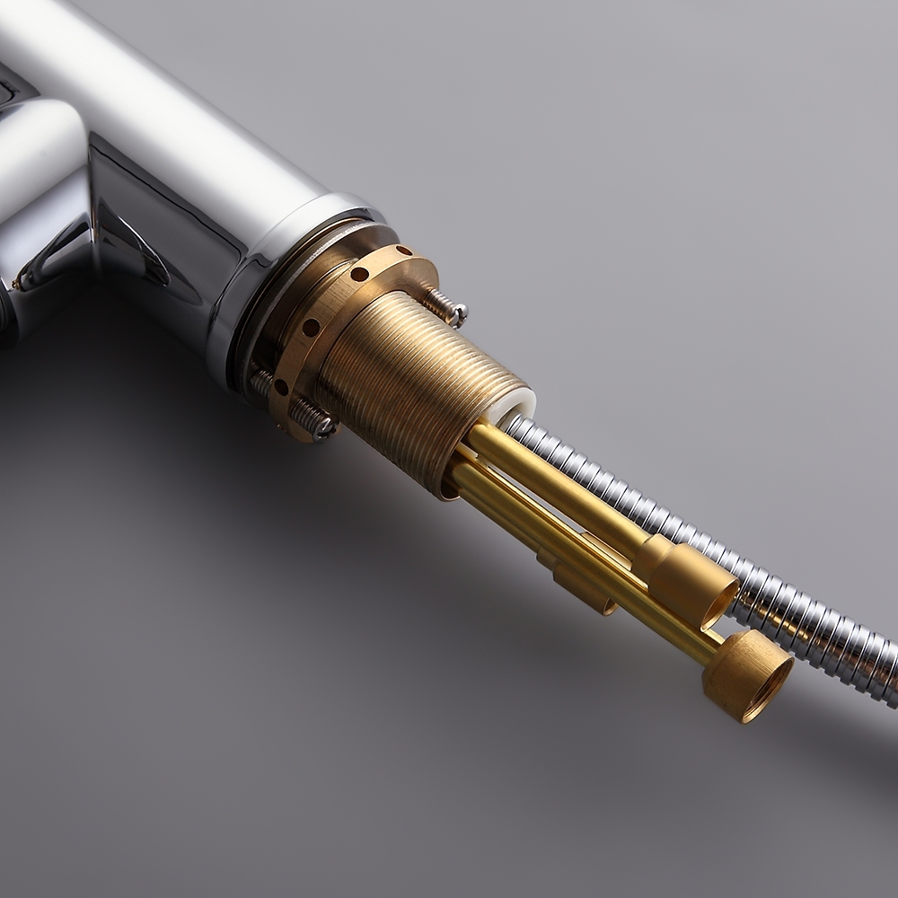 LED Single Side Handle Swivel Spout Kitchen Sink Faucet with Pull-Out Sprayer in Chrome window image