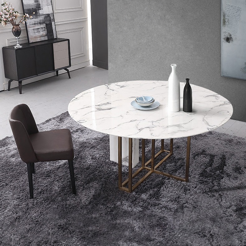 Modern Luxury 59" Round Dining Table with Faux Marble Top & Metal Base Large in Brushed Gold window image