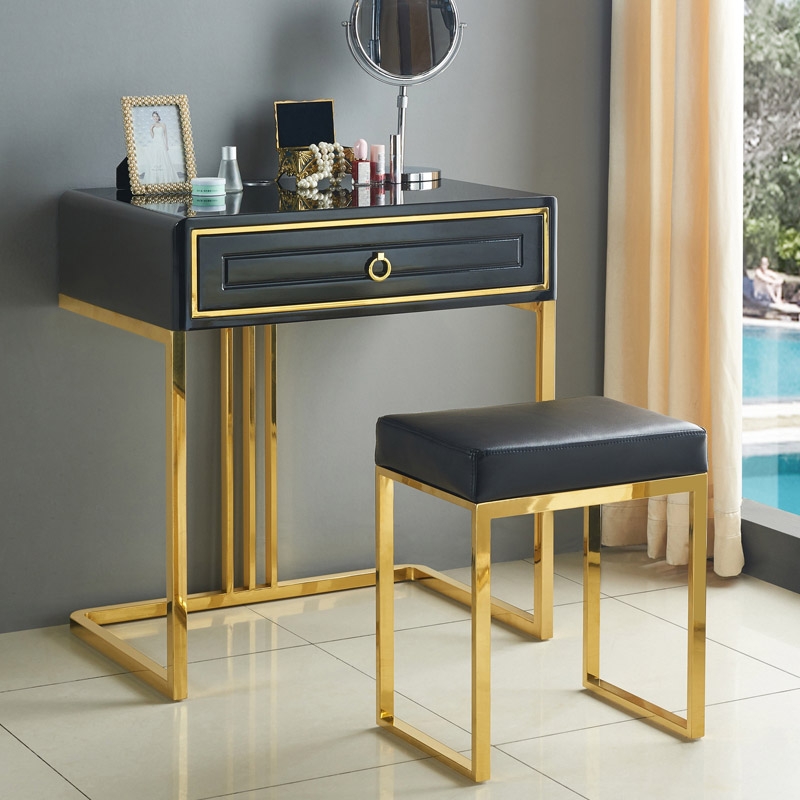 Bureau moderne laqué noir avec tiroir et tabouret, bureau d'ordinateur avec rangement image de fenêtre