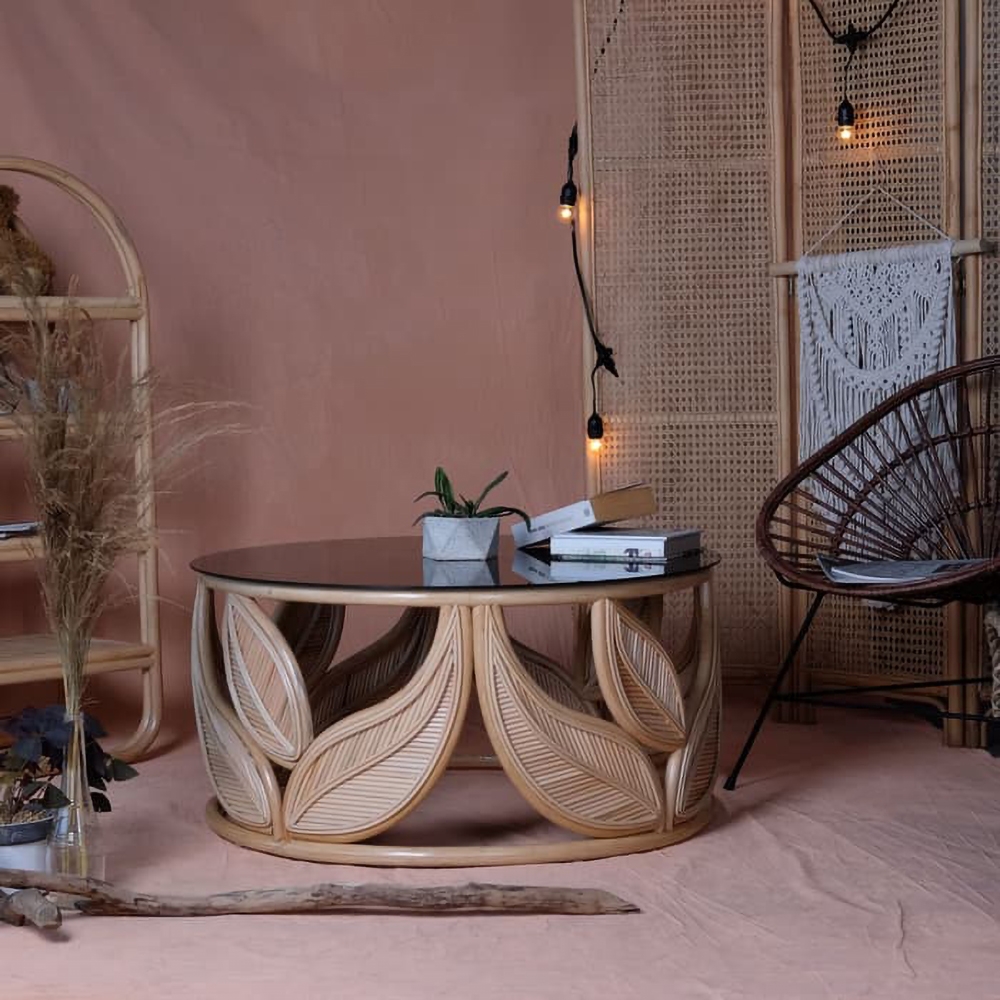Rustic Coffee Table with Tempered Glass Top Retro Accent Table window image