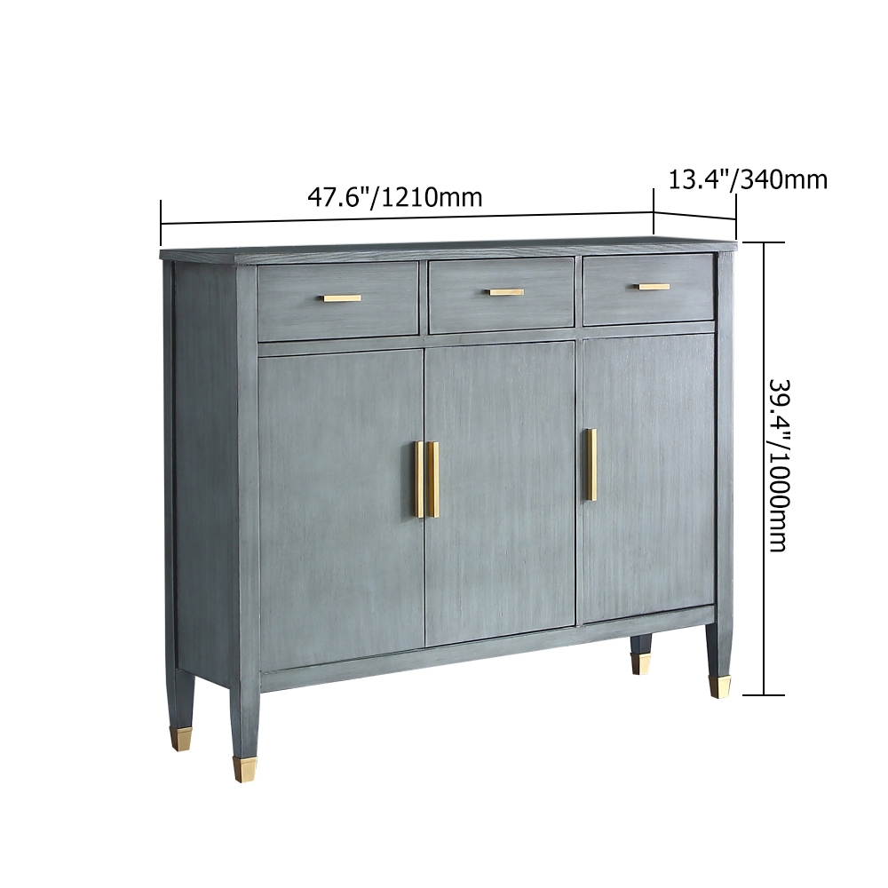 1194mm Grey Vintage Storage Cabinet with 3 Doors & 3 Drawers & 4 Shelves in Gold Finish window image