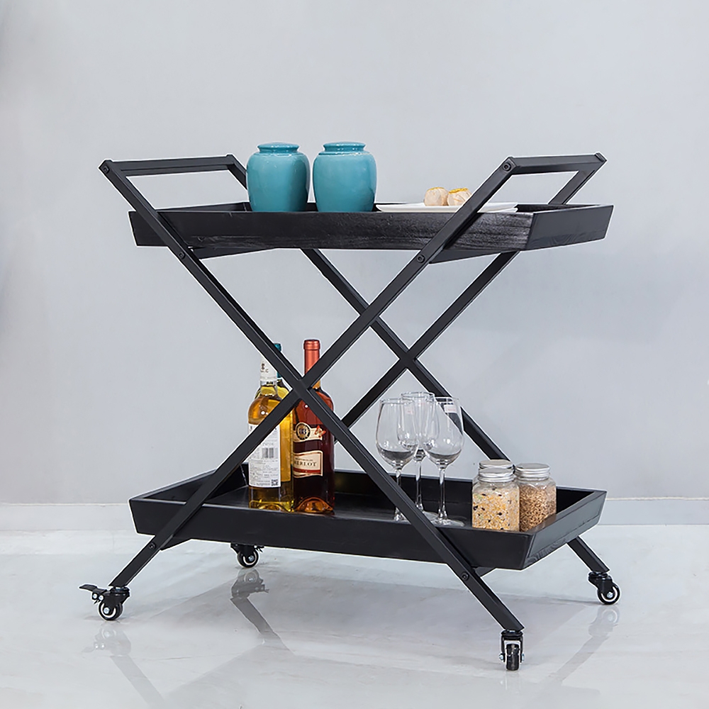 23.6" 2-Tier Rolling Serving Bar Cart with Handle X Frame Black Metal window image