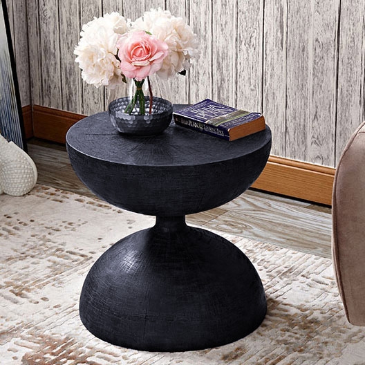 Modern Creative Round Drum Side Table Hourglass Accent Table in Black Fiberglass window image