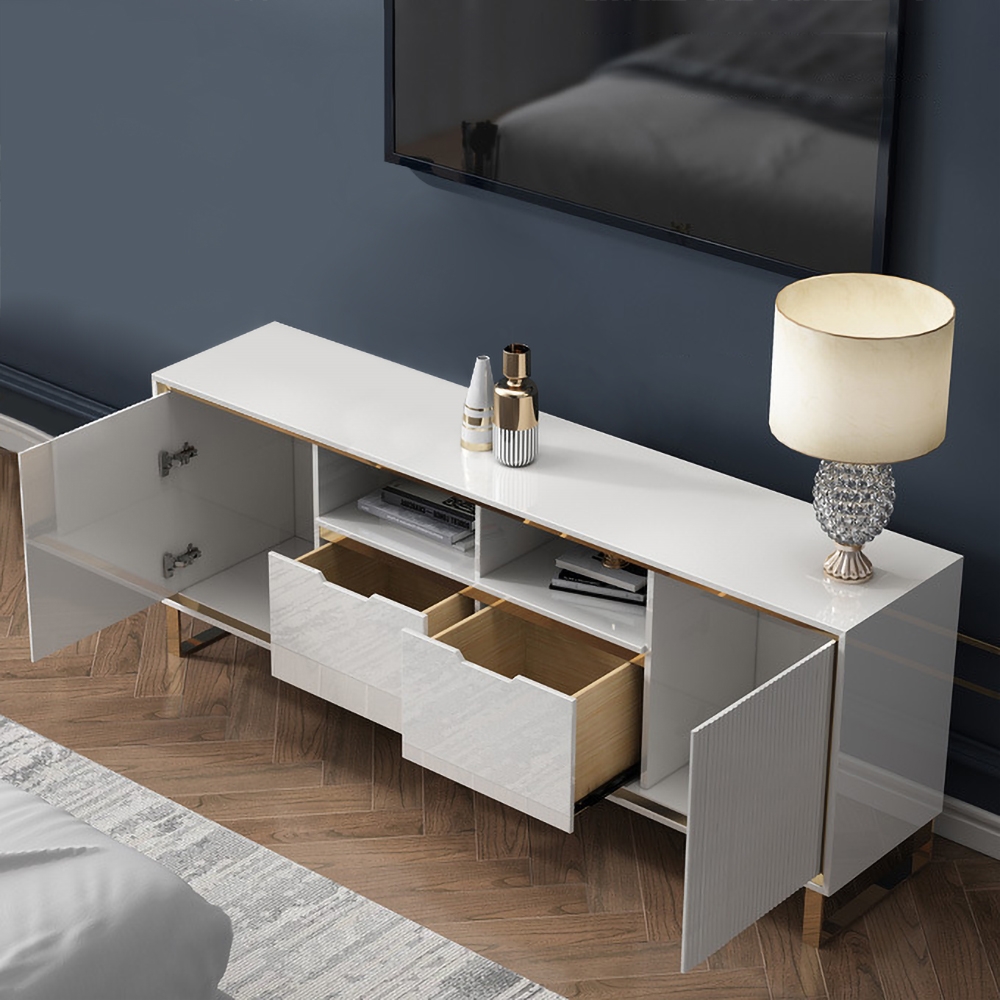 Minimalist White TV Stand Media Console with 2 Drawers & 2 Doors in Small window image