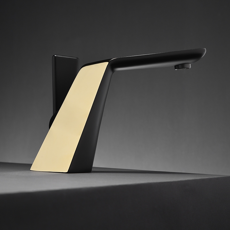 Modern Single Hole Deck Mounted Bathroom Sink Faucet with Flat Handle in Black & Gold window image