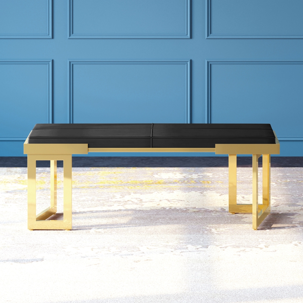 Modern Black Upholstered Bench Soft PU Leather Bench with Gold Metal window image
