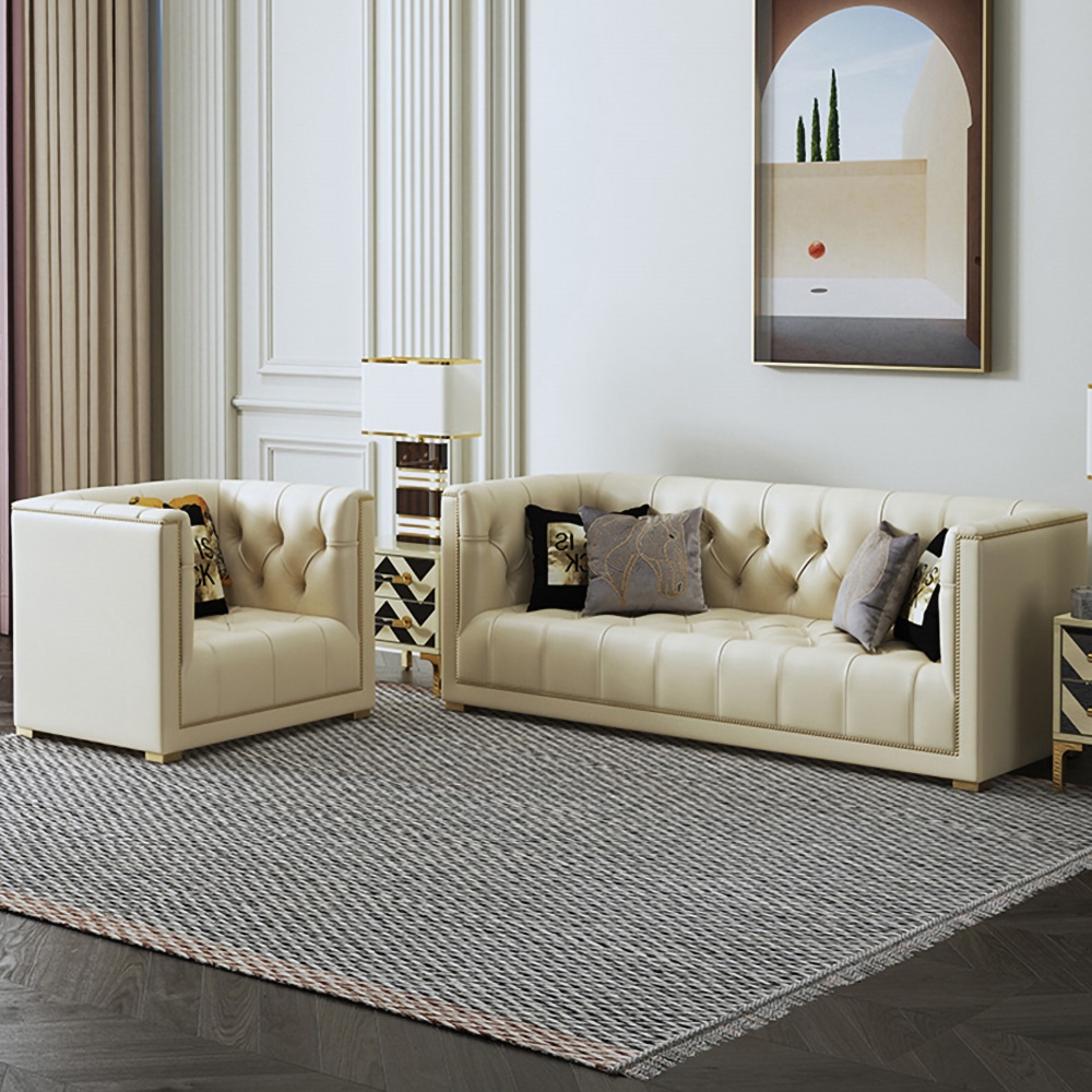 66" Beige Tufted Chesterfield Sofa Microfiber Leather Upholstered 2 Seater window image