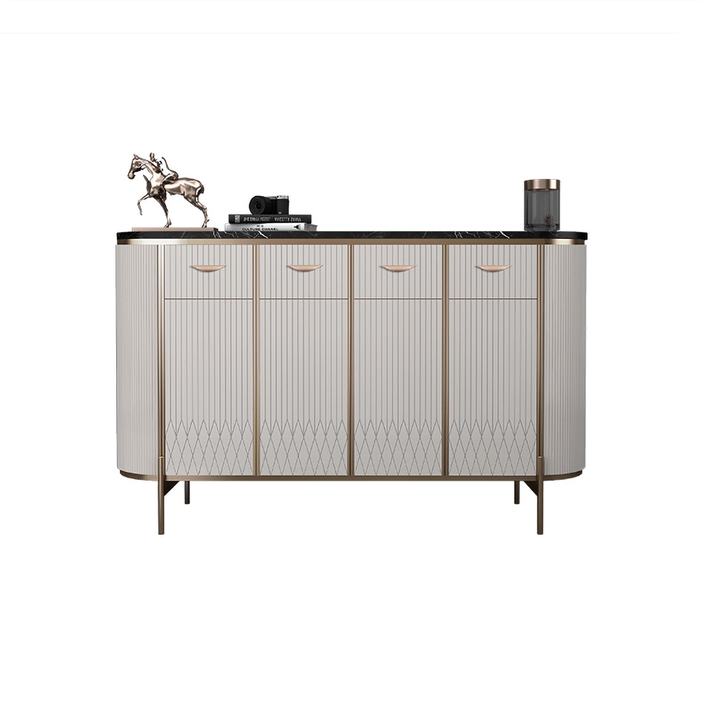 Buffet moderne de 1400 mm avec portes supérieures en faux marbre noir, tiroirs et étagères de taille moyenne image de fenêtre