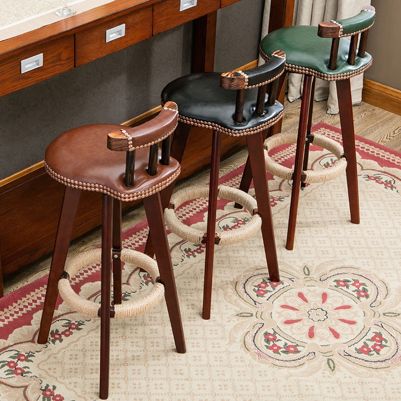 Retro Rustic Swivel Bar Stool Leather Wood Bar Stool with Back Round Nail Heads Seat Cushion in Black window image