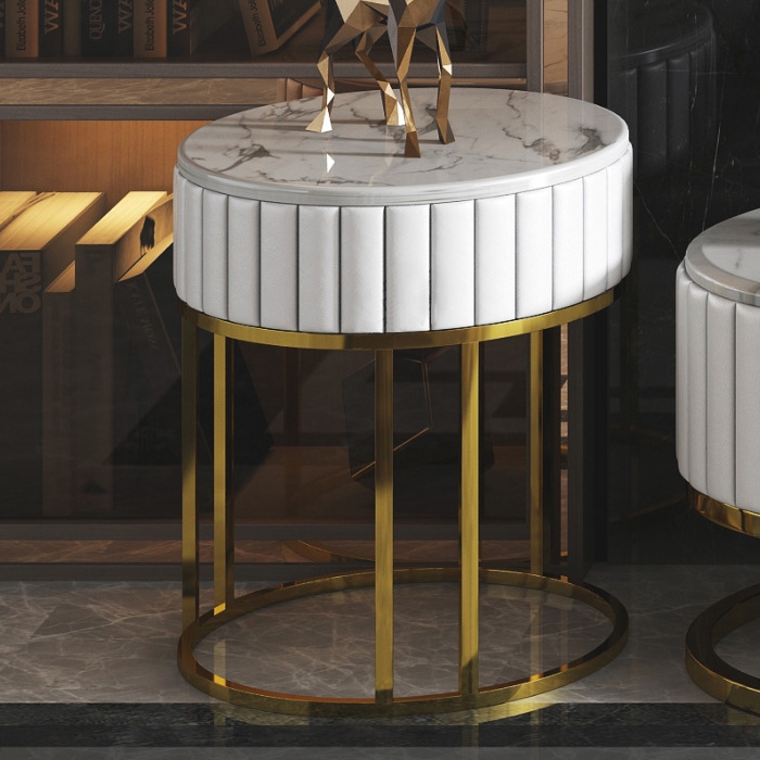Faux Marble Round Side Table Small Side Table Round Gold Accent Table White Faux Leather Table window image