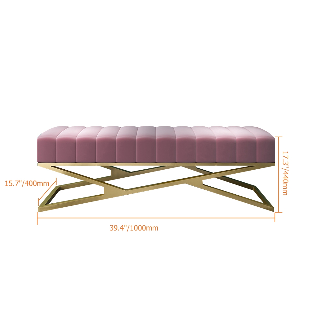 Modern Entryway Bench Pink Velvet Upholstered Ottoman Bench in Gold weights dimensions image
