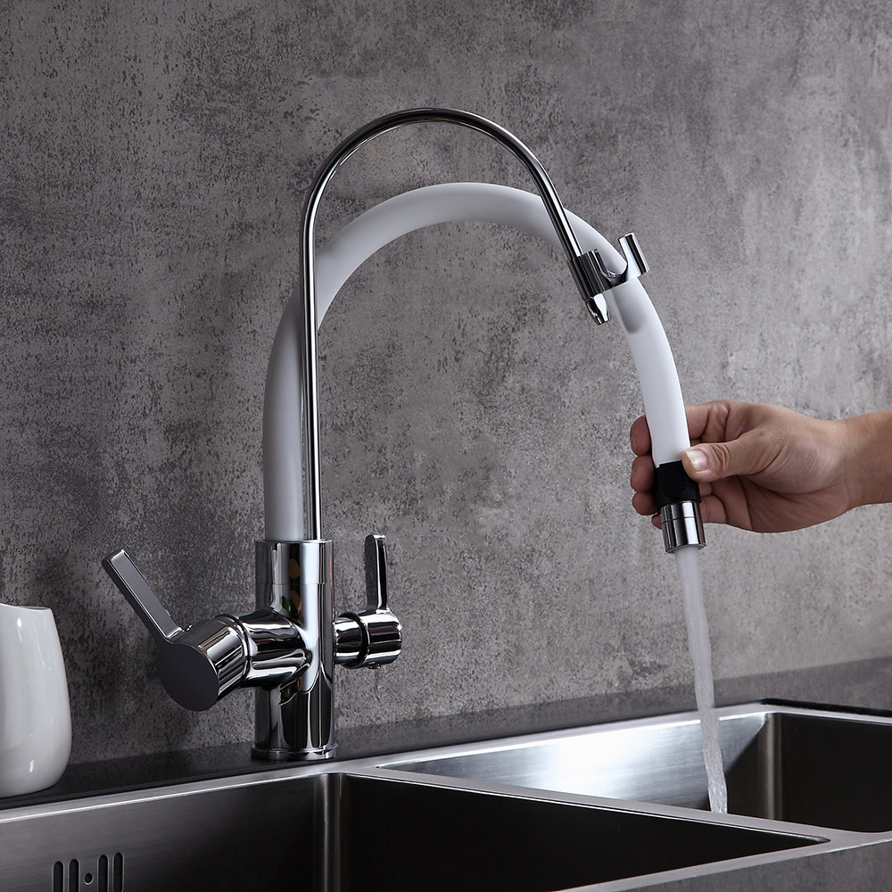Modern Dual White Pull-Down Spray Filter Water Tap Monobloc Kitchen Tap Double Lever Handles in Chrome Finish window image