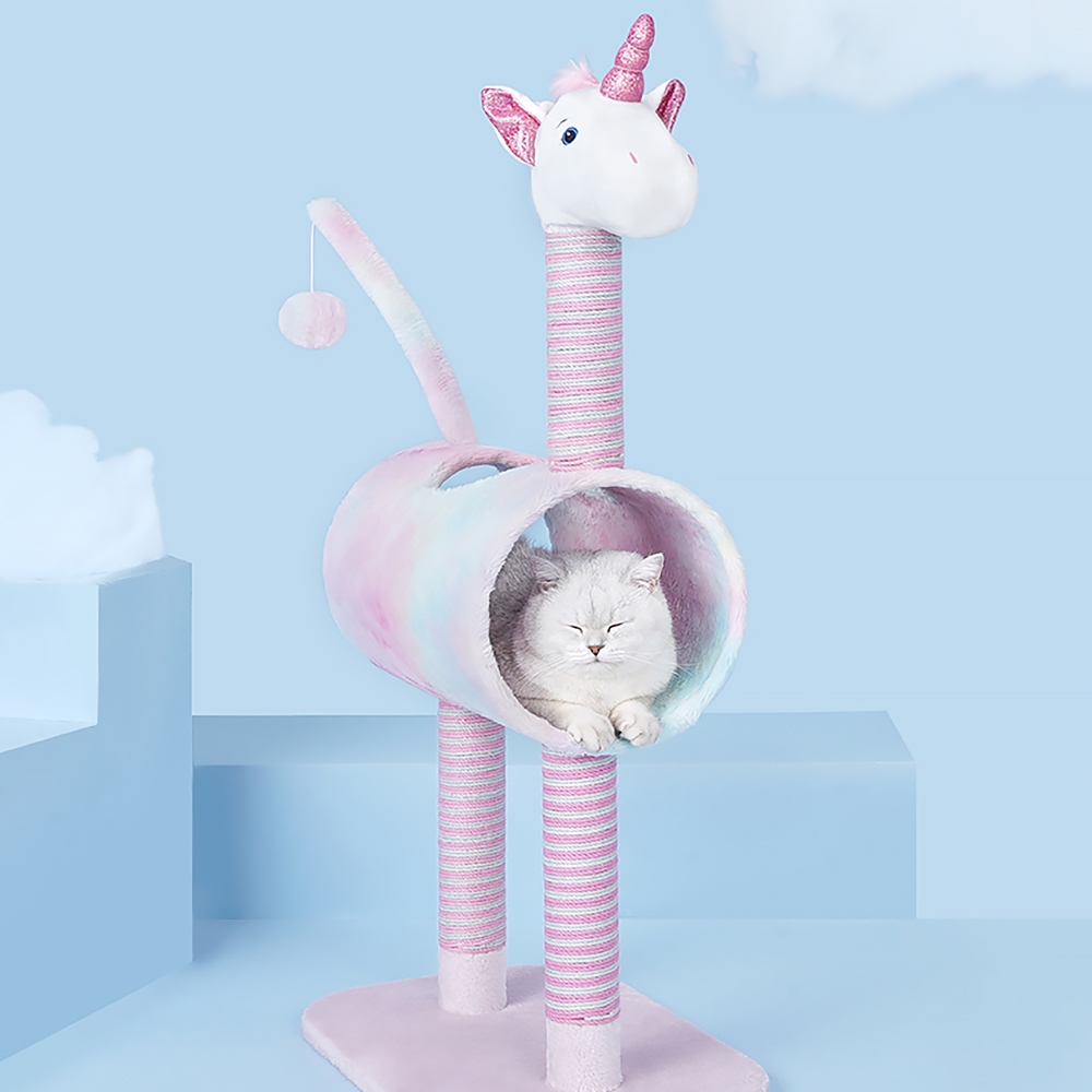 41" Unicorn Cat Tree Tunnel Claw-Scratch Post Sisal Teasing Ball Irridescent window image