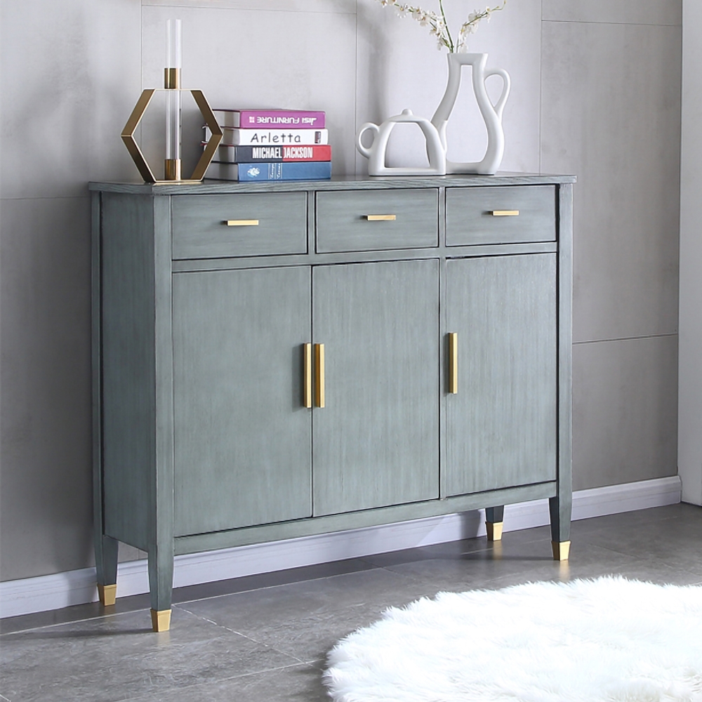 1194mm Grey Vintage Storage Cabinet with 3 Doors & 3 Drawers & 4 Shelves in Gold Finish window image