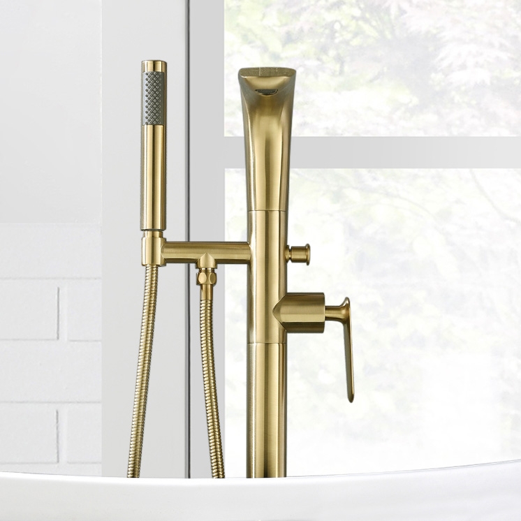 Modern Freestanding Tub Faucet Floor Mounted Tub Filler Swivel Spout with Handshower Brushed Gold Solid Brass window image