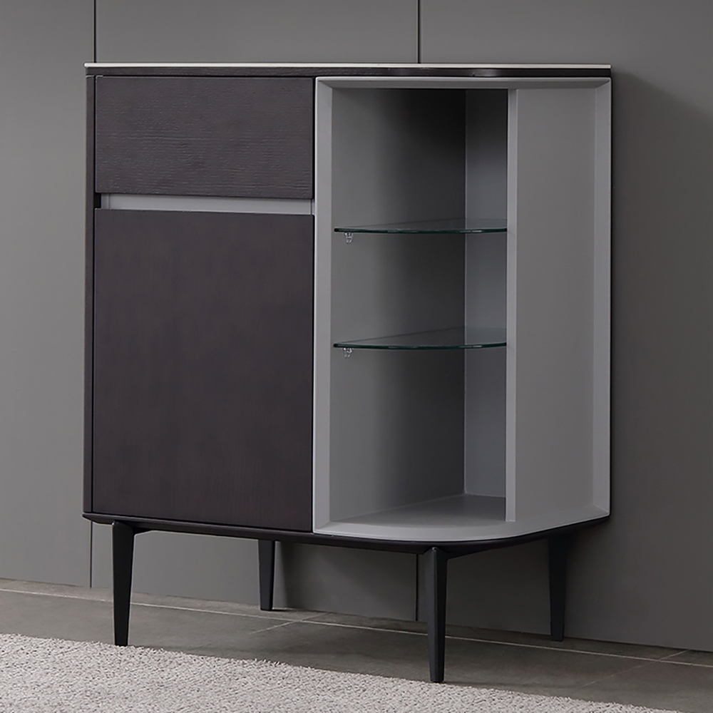 Minimalist Gray Cabinet with Sintered Stone Top Adjustable Glass Shelves window image