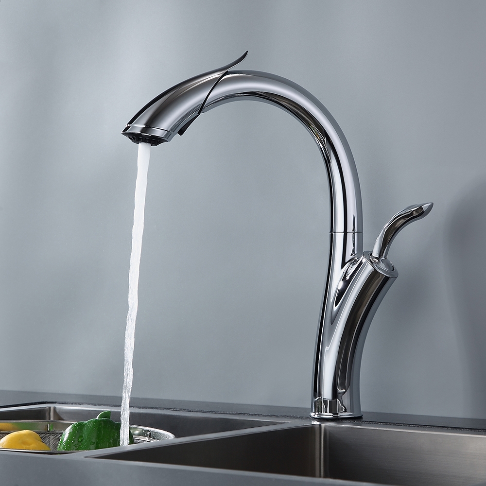 Mono Robinet de Cuisine Poignée Unique à Tirer vers Le Bas Robinet à Arc Élevé Chrome cUPC Certifié image de fenêtre