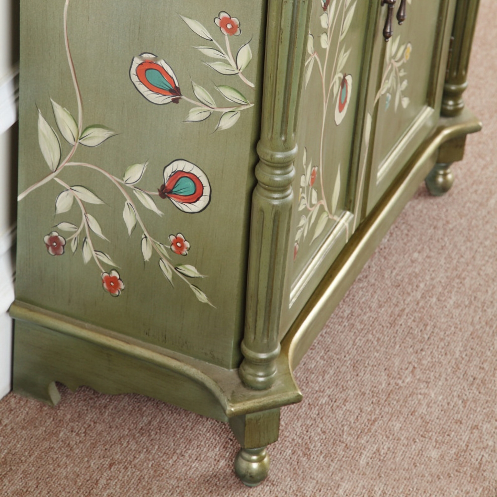 762mm Vintage Distressed Green Sideboard Antique Pulls with 2 Doors 2 Drawers 1 Shelf window image